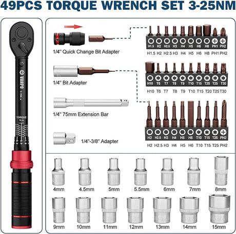 VANPO Llave Dinamométrica 1/4", 3-25Nm Llave de Torque, Precisión ±3%, 49 Piezas